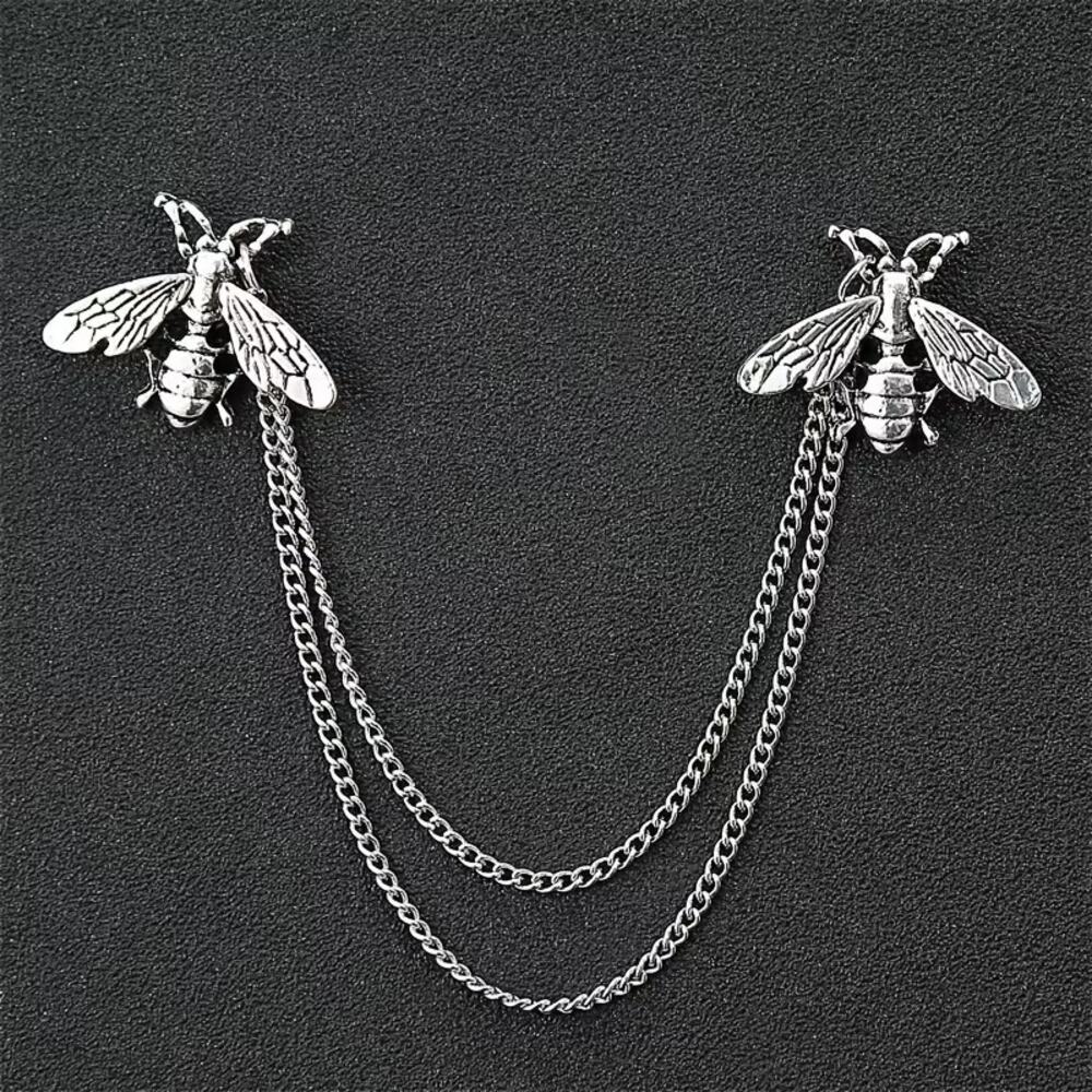 Silver Bee Brooch Chain Pin Double Layer Lapel Pin Insect Suit Brooch Men Women